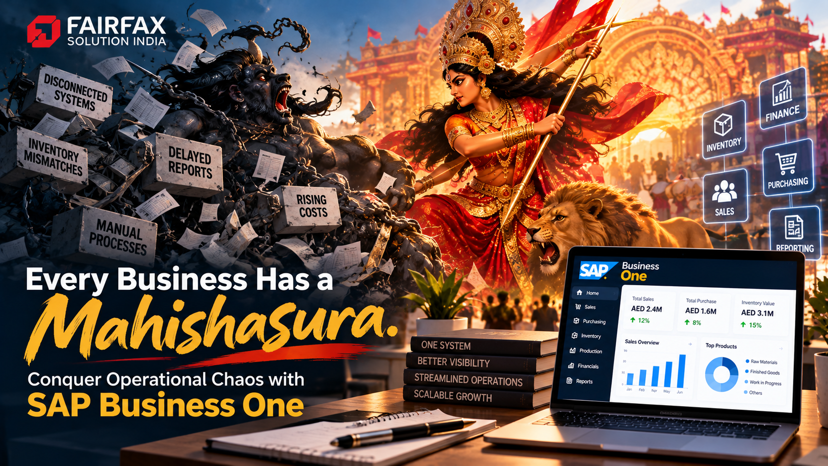 Durga Puja-inspired business banner illustrating operational challenges and SAP Business One ERP solutions for inventory, finance and business management.